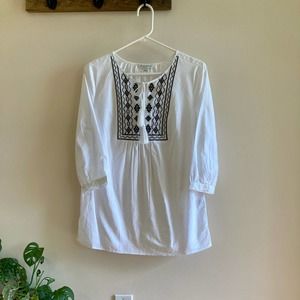 Studio Works Cotton Peasant Top Tunic with Embroidered Yolk and Tassels